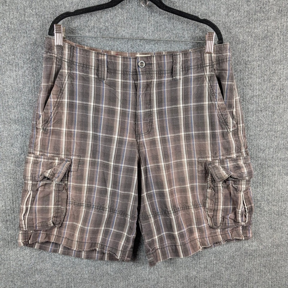 Mossimo Mens 36 Plaid Cargo Shorts Vintage Brown Blue Utility Y2K Pockets